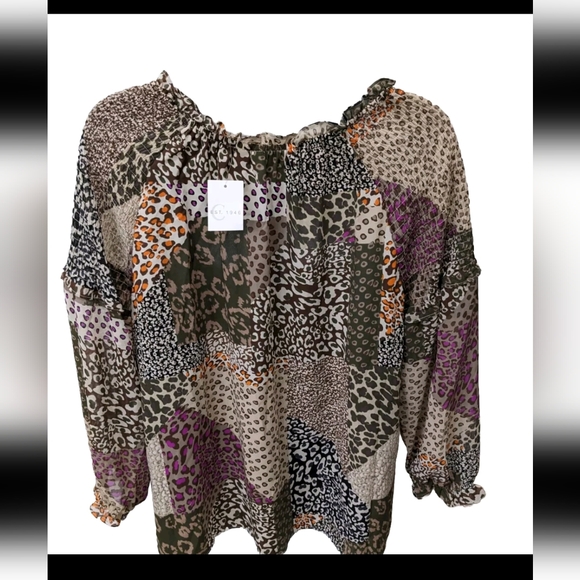 NWT est. 1848 Peasant Top Blouse Smocked Shoulder Patchwork Look Boho L Leopard - Picture 4 of 9